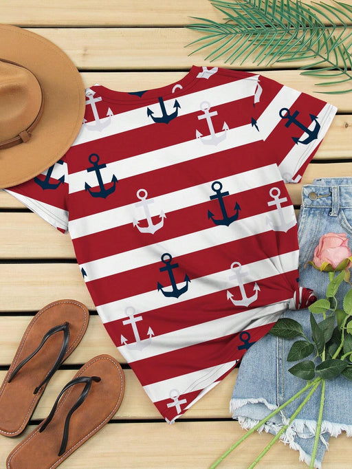 Shein INAWLY Camiseta informal de manga corta con cuello redondo y estampado de ancla y rayas para mujer - Quierox - Tienda Online