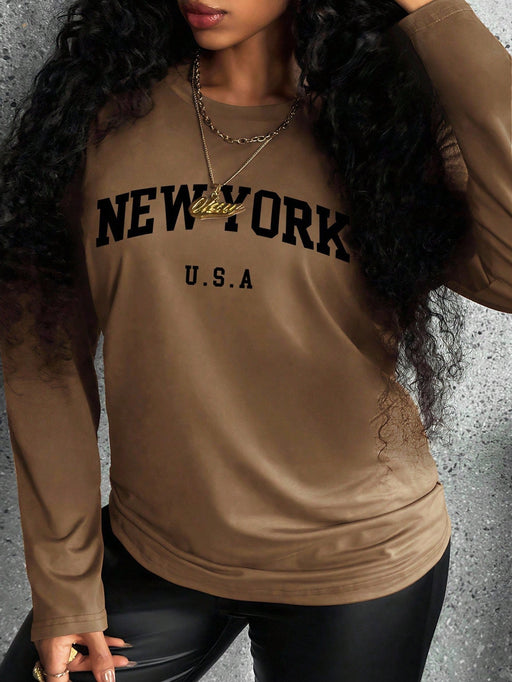 SHEIN INAWLY - Camiseta informal de manga larga con cuello redondo y letras - Quierox - Tienda Online