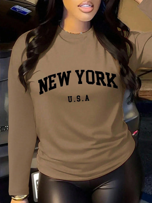 SHEIN INAWLY - Camiseta informal de manga larga con cuello redondo y letras - Quierox - Tienda Online