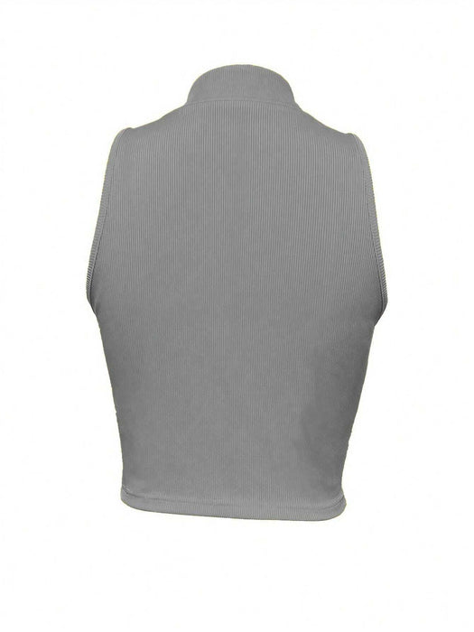SHEIN INAWLY Camiseta sin mangas de color liso para mujer para verano con cremallera frontal y cuello alto - Quierox - Tienda Online