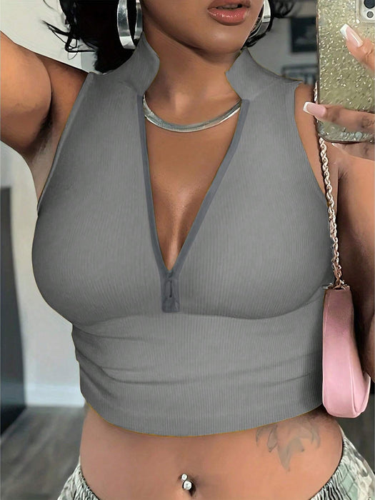 SHEIN INAWLY Camiseta sin mangas de color liso para mujer para verano con cremallera frontal y cuello alto - Quierox - Tienda Online