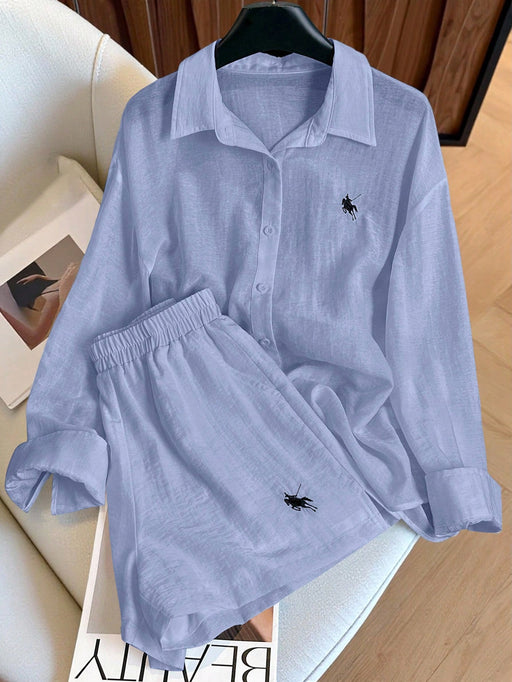 SHEIN INAWLY Conjunto de 2 piezas: Shorts bordados con logo de talla grande y camisa de manga larga de unicolor - Quierox - Tienda Online