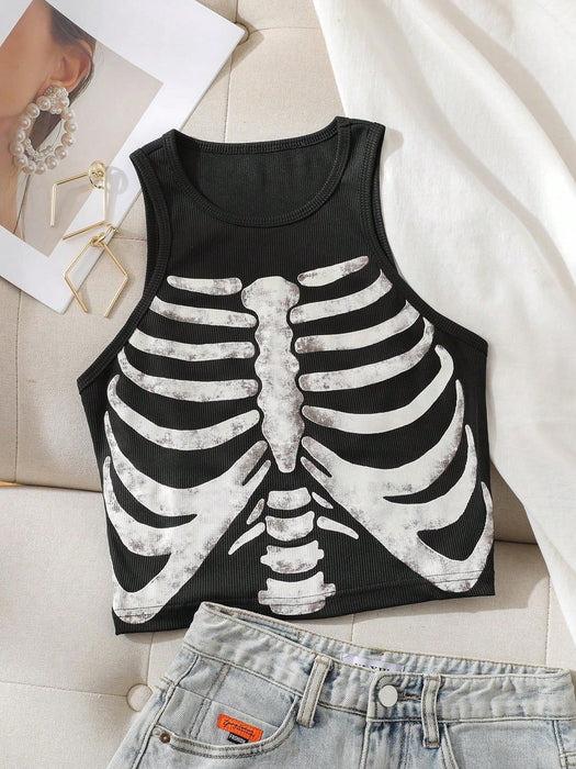 SHEIN INAWLY Parte superior tipo camiseta gráfica con estampado de esqueleto para mujeres - Quierox - Tienda Online