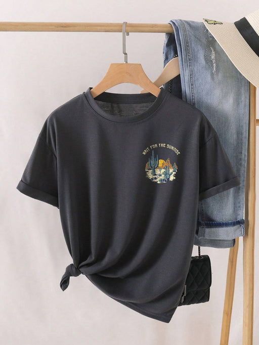 Shein INAWLY Plus Camiseta con gráfico de cactus y eslogan ESPERA EL AMANECER ARIZONA - Quierox - Tienda Online