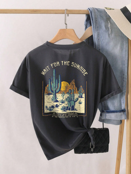 Shein INAWLY Plus Camiseta con gráfico de cactus y eslogan ESPERA EL AMANECER ARIZONA - Quierox - Tienda Online