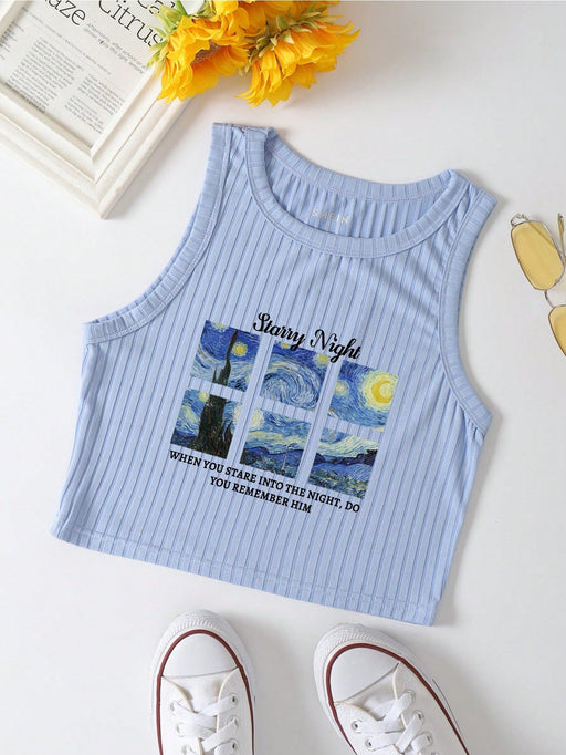 SHEIN INAWLY Top de punto acanalado con gráfico de eslogan "Cuando miras a la noche, ¿lo recuerdas a él?" - Quierox - Tienda Online