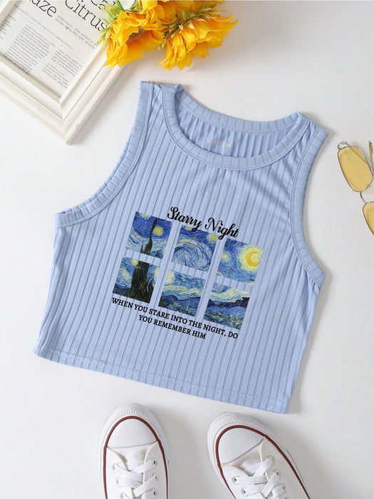 SHEIN INAWLY Top de punto acanalado con gráfico de eslogan "Cuando miras a la noche, ¿lo recuerdas a él?" - Quierox - Tienda Online