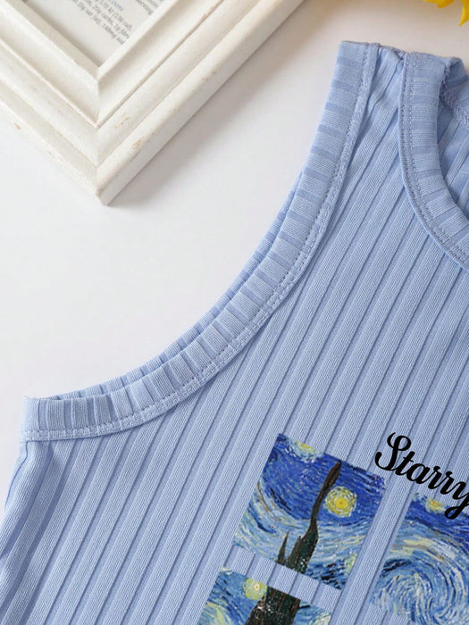 SHEIN INAWLY Top de punto acanalado con gráfico de eslogan "Cuando miras a la noche, ¿lo recuerdas a él?" - Quierox - Tienda Online