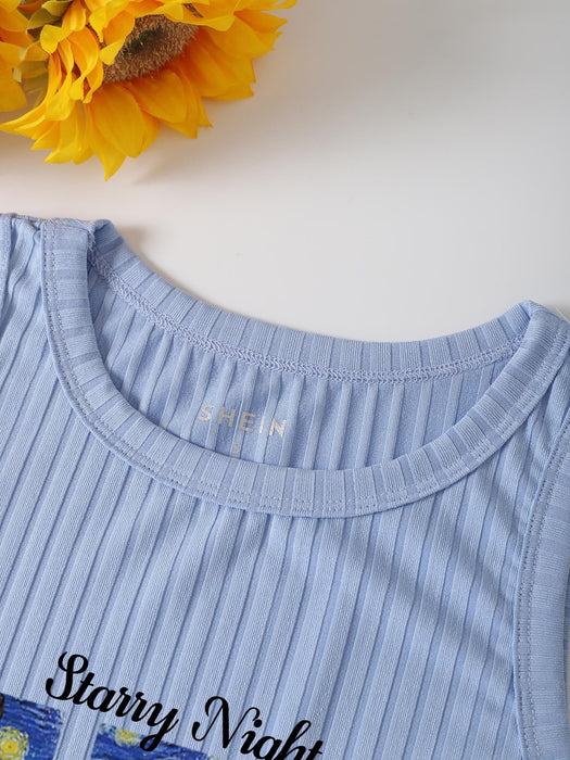 SHEIN INAWLY Top de punto acanalado con gráfico de eslogan "Cuando miras a la noche, ¿lo recuerdas a él?" - Quierox - Tienda Online