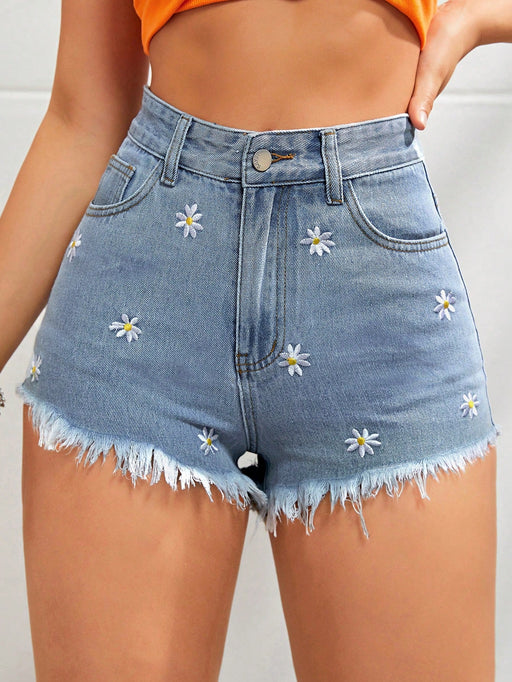 Shein Jeanoix Shorts en mezclilla con bordado floral bajo crudo - Quierox - Tienda Online