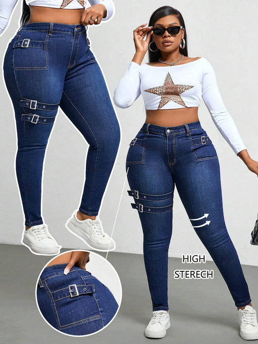 SHEIN Jeans ajustados de mezclilla lavada de talla grande de Slaydiva, para mujer. - Quierox - Tienda Online