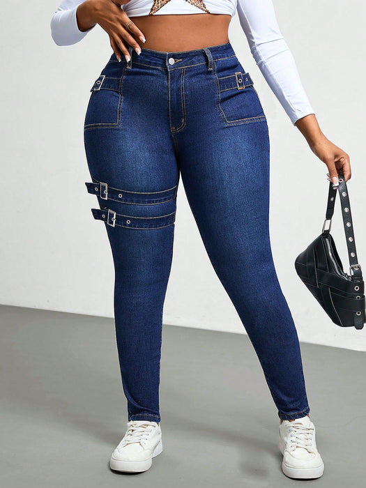 SHEIN Jeans ajustados de mezclilla lavada de talla grande de Slaydiva, para mujer. - Quierox - Tienda Online