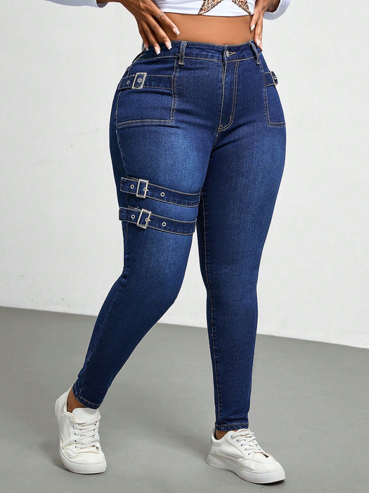 SHEIN Jeans ajustados de mezclilla lavada de talla grande de Slaydiva, para mujer. - Quierox - Tienda Online