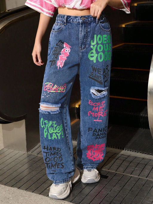 SHEIN Jeans de pierna recta holgados para adolescentes, pantalones vaqueros con estilo - Quierox - Tienda Online