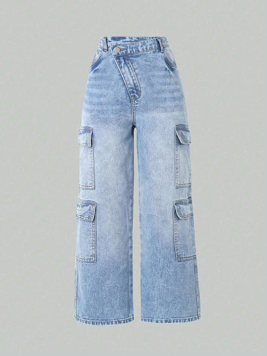 SHEIN Jeans holgados de pierna recta desgastados estilo cargo casual con cintura asimétrica y múltiples bolsillos - Quierox - Tienda Online