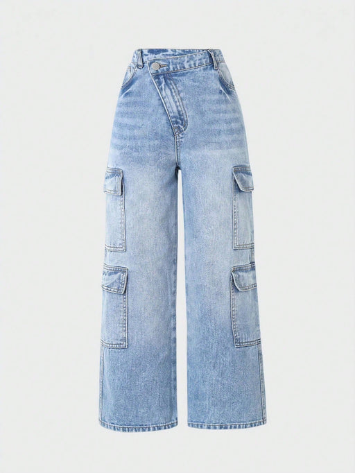 SHEIN Jeans holgados de pierna recta desgastados estilo cargo casual con cintura asimétrica y múltiples bolsillos - Quierox - Tienda Online