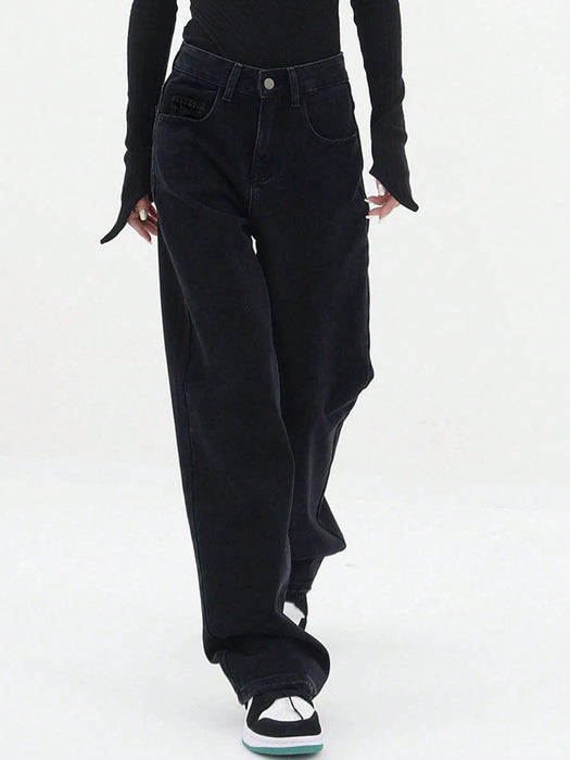 SHEIN Jeans rectos de pierna sólida, negro casual de primavera - Quierox - Tienda Online