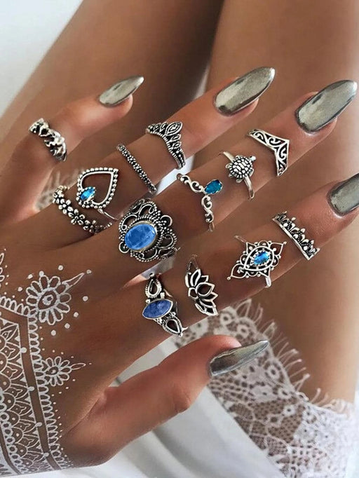 Shein Juego de 13 anillos de aleación de zinc vintage al azar con forma de tortuga y corazón para mujer - Quierox - Tienda Online
