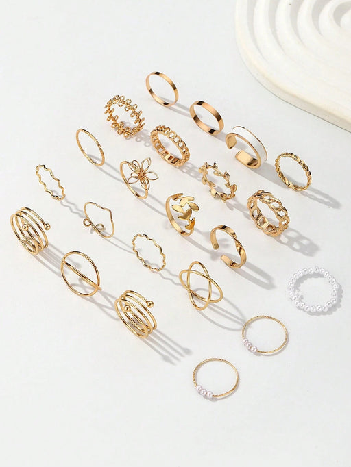 SHEIN Juego de 22 anillos estilo bohemio con diseños de flores, hojas y perlas de imitación - Quierox - Tienda Online