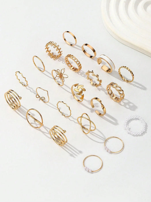 SHEIN Juego de 22 anillos estilo bohemio con diseños de flores, hojas y perlas de imitación - Quierox - Tienda Online