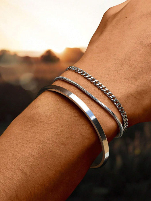 SHEIN Juego de 3 pulseras ajustables en forma de C de acero inoxidable plateado - Quierox - Tienda Online