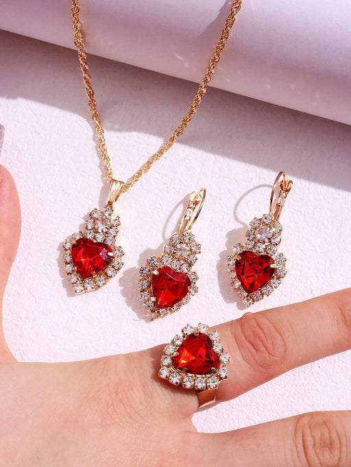 Shein Juego de 4 piezas de collar, pendientes y anillo de color rojo, sencillo y lujoso - Quierox - Tienda Online