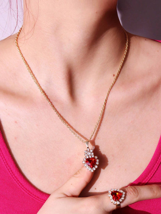 Shein Juego de 4 piezas de collar, pendientes y anillo de color rojo, sencillo y lujoso - Quierox - Tienda Online