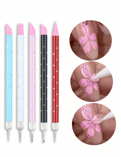 Shein Juego de 5 bolígrafos de silicona de doble punta para decoración de uñas para esculpir flores en 3D - Quierox - Tienda Online