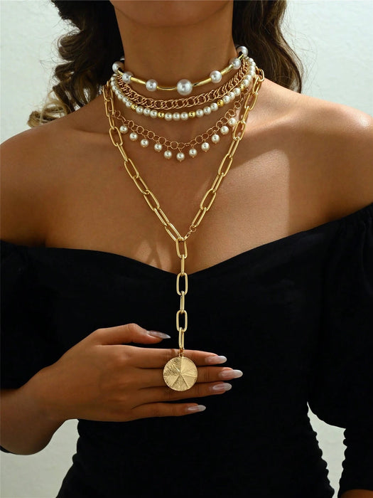 SHEIN Juego de 5 collares bohemios chapados en oro, largos y exagerados con perlas de imitación - Quierox - Tienda Online