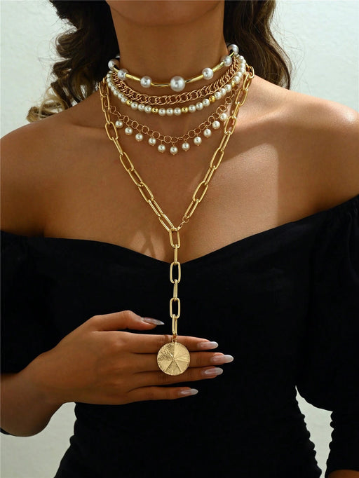 SHEIN Juego de 5 collares bohemios chapados en oro, largos y exagerados con perlas de imitación - Quierox - Tienda Online