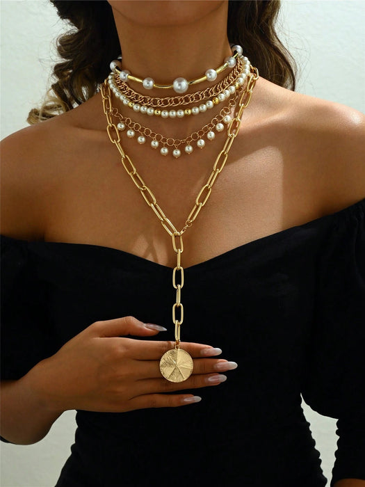 SHEIN Juego de 5 collares bohemios chapados en oro, largos y exagerados con perlas de imitación - Quierox - Tienda Online