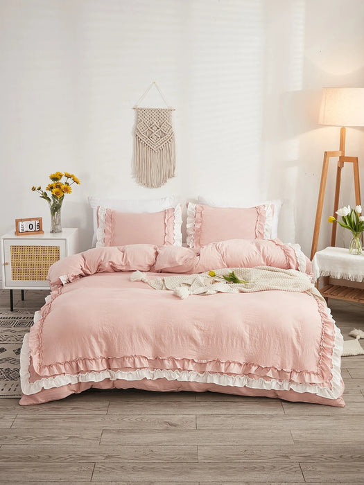 Shein Juego de funda nórdica rosa con volantes ropa de cama estilo bohemio rústico de 3 piezas - Quierox - Tienda Online