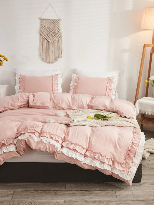 Shein Juego de funda nórdica rosa con volantes ropa de cama estilo bohemio rústico de 3 piezas - Quierox - Tienda Online