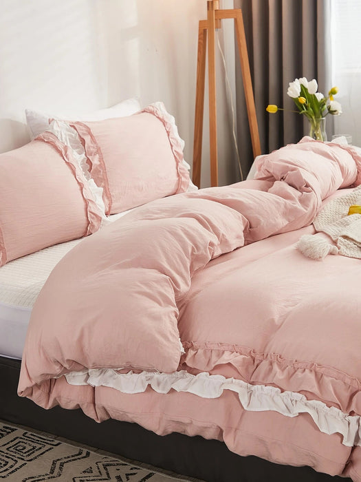 Shein Juego de funda nórdica rosa con volantes ropa de cama estilo bohemio rústico de 3 piezas - Quierox - Tienda Online