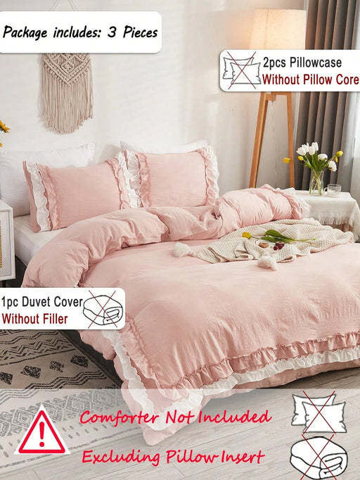 Shein Juego de funda nórdica rosa con volantes ropa de cama estilo bohemio rústico de 3 piezas - Quierox - Tienda Online