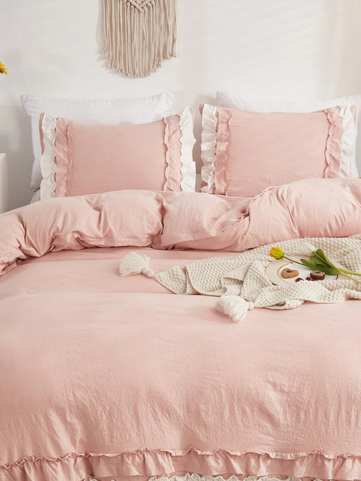 Shein Juego de funda nórdica rosa con volantes ropa de cama estilo bohemio rústico de 3 piezas - Quierox - Tienda Online