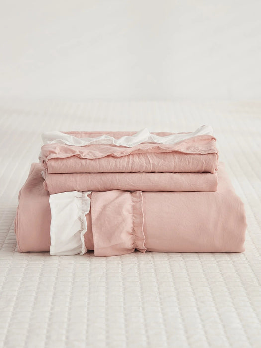 Shein Juego de funda nórdica rosa con volantes ropa de cama estilo bohemio rústico de 3 piezas - Quierox - Tienda Online