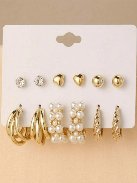 Shein Juego de pendientes dorados con diseño geométrico para mujer con tachuelas de perlas artificiales - Quierox - Tienda Online