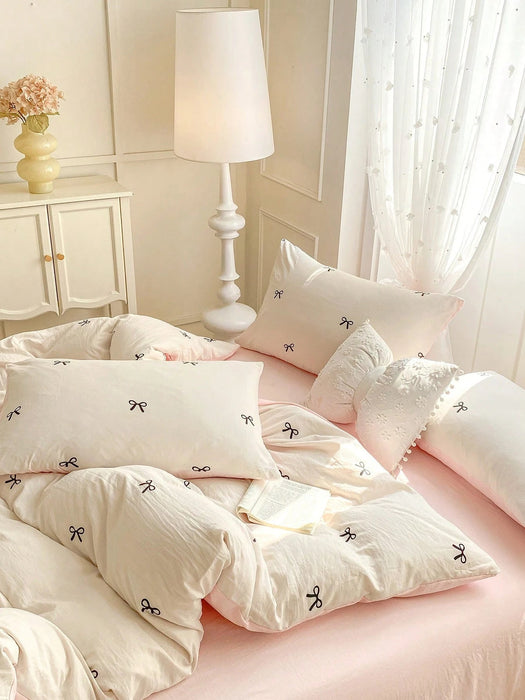 Shein Juego de ropa de cama de poliéster estampado de 3 piezas con diseño de lazos - Quierox - Tienda Online