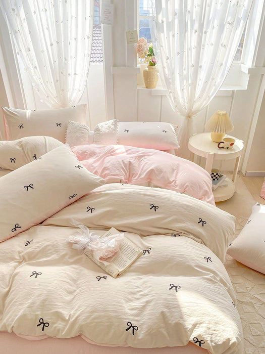 Shein Juego de ropa de cama de poliéster estampado de 3 piezas con diseño de lazos - Quierox - Tienda Online