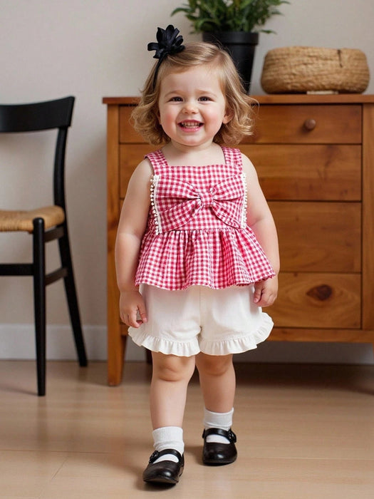 SHEIN Kids - Top de tirantes peplum con lazo delantero y pantalones cortos con volantes - Quierox - Tienda Online