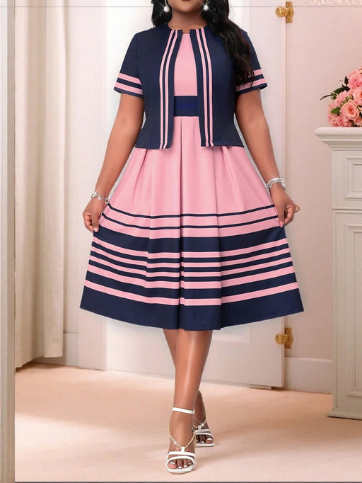 SHEIN Lady Elegante vestido a rayas azul oscuro y Chaqueta con estampado geométrico - Quierox - Tienda Online