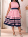 SHEIN Lady Elegante vestido a rayas azul oscuro y Chaqueta con estampado geométrico - Quierox - Tienda Online