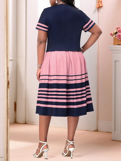 SHEIN Lady Elegante vestido a rayas azul oscuro y Chaqueta con estampado geométrico - Quierox - Tienda Online