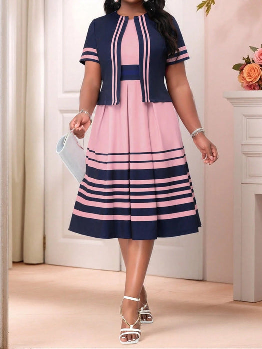 SHEIN Lady Elegante vestido a rayas azul oscuro y Chaqueta con estampado geométrico - Quierox - Tienda Online