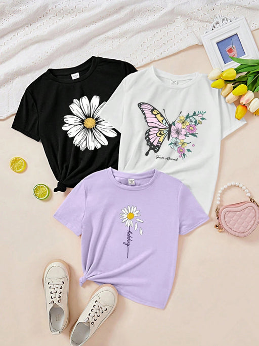 SHEIN Leap Crew Camisetas gráficas de dibujos animados informales para niñas preadolescentes - Quierox - Tienda Online
