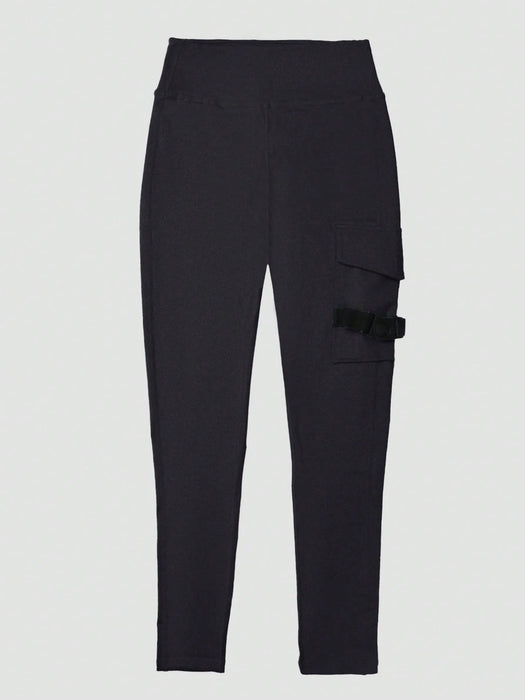 Shein Leggings deportivos estilo años 20 con cintura alta elástica, bolsillo con solapa - Quierox - Tienda Online