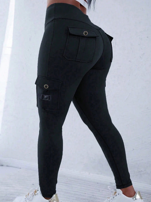 Shein Leggings deportivos estilo años 20 con cintura alta elástica, bolsillo con solapa - Quierox - Tienda Online