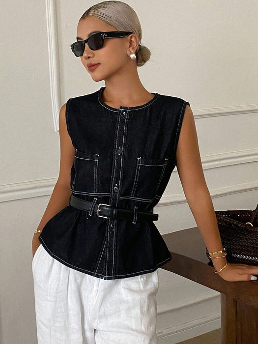 SHEIN Livesso Blusa de mujer de verano sin mangas con cuello redondo de denim - Quierox - Tienda Online