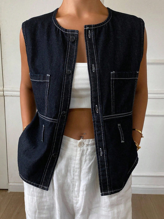 SHEIN Livesso Blusa de mujer de verano sin mangas con cuello redondo de denim - Quierox - Tienda Online